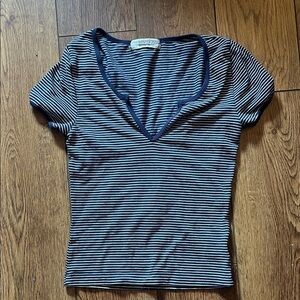 Urban Outfitters Navy and White Striped V-Neck Tee XSmall